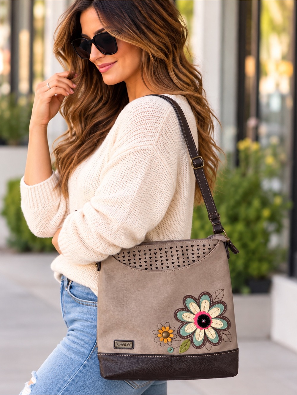 Chala Floral Appliqué Crossbody Bag Taupe Brown Adjustable Strap